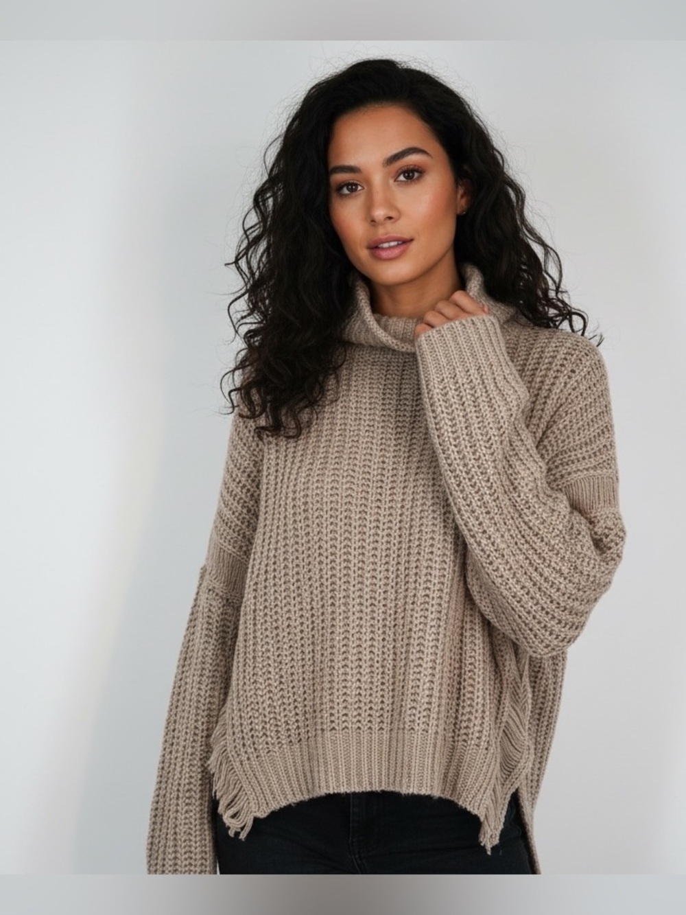 POL  Beige Turtleneck high neck Chunky Knit over side Sweater